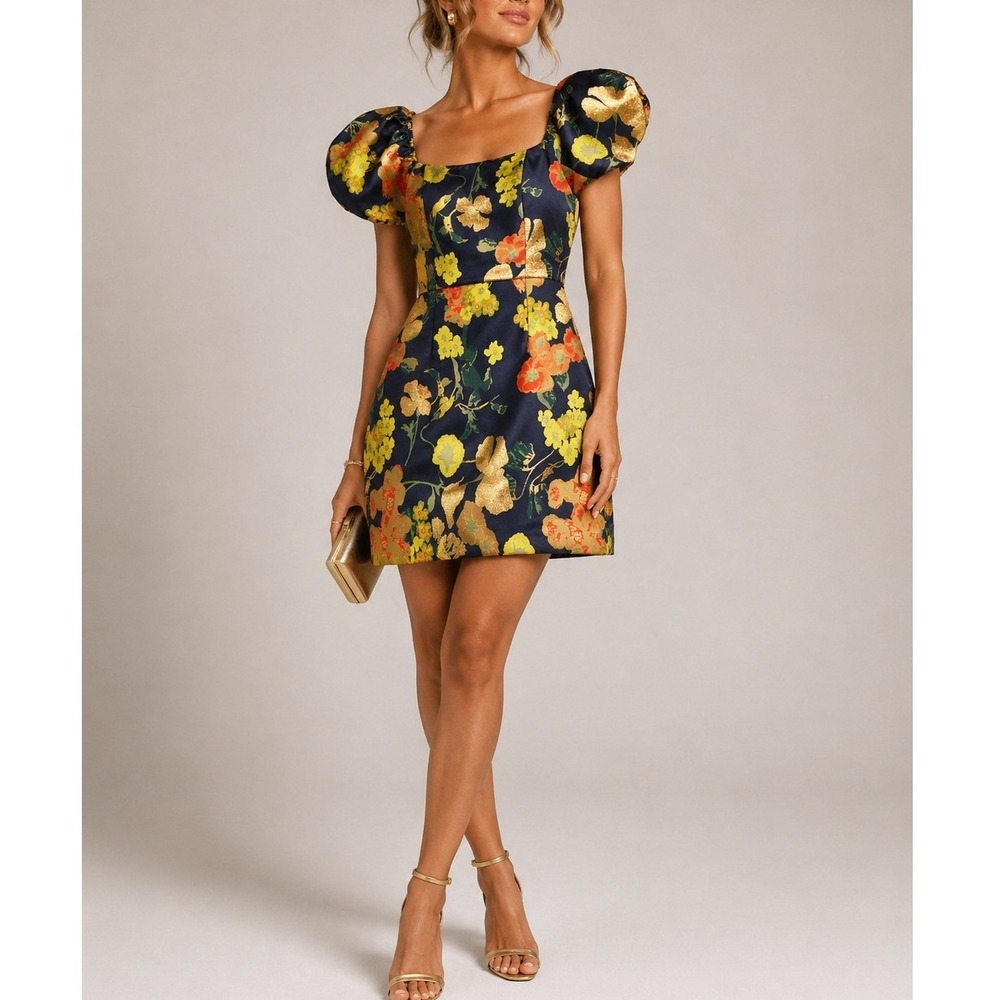 Lulus Floral Jacquard Puff Sleeve Mini Dress Small Navy Gold Wedding Guest Party